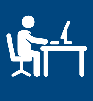 blue square with white silhouette of person at a computer desk