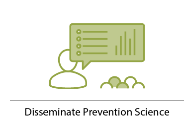 Disseminate prevention science, person with thought bubble in front of group of people