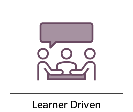 Learner driven, three people at a table with a speech bubble
