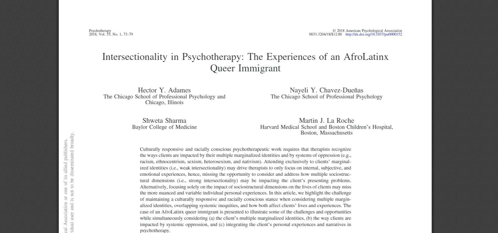 Intersectionality in Psychotherapy: The Experiences of an AfroLatinx Queer Immigrant