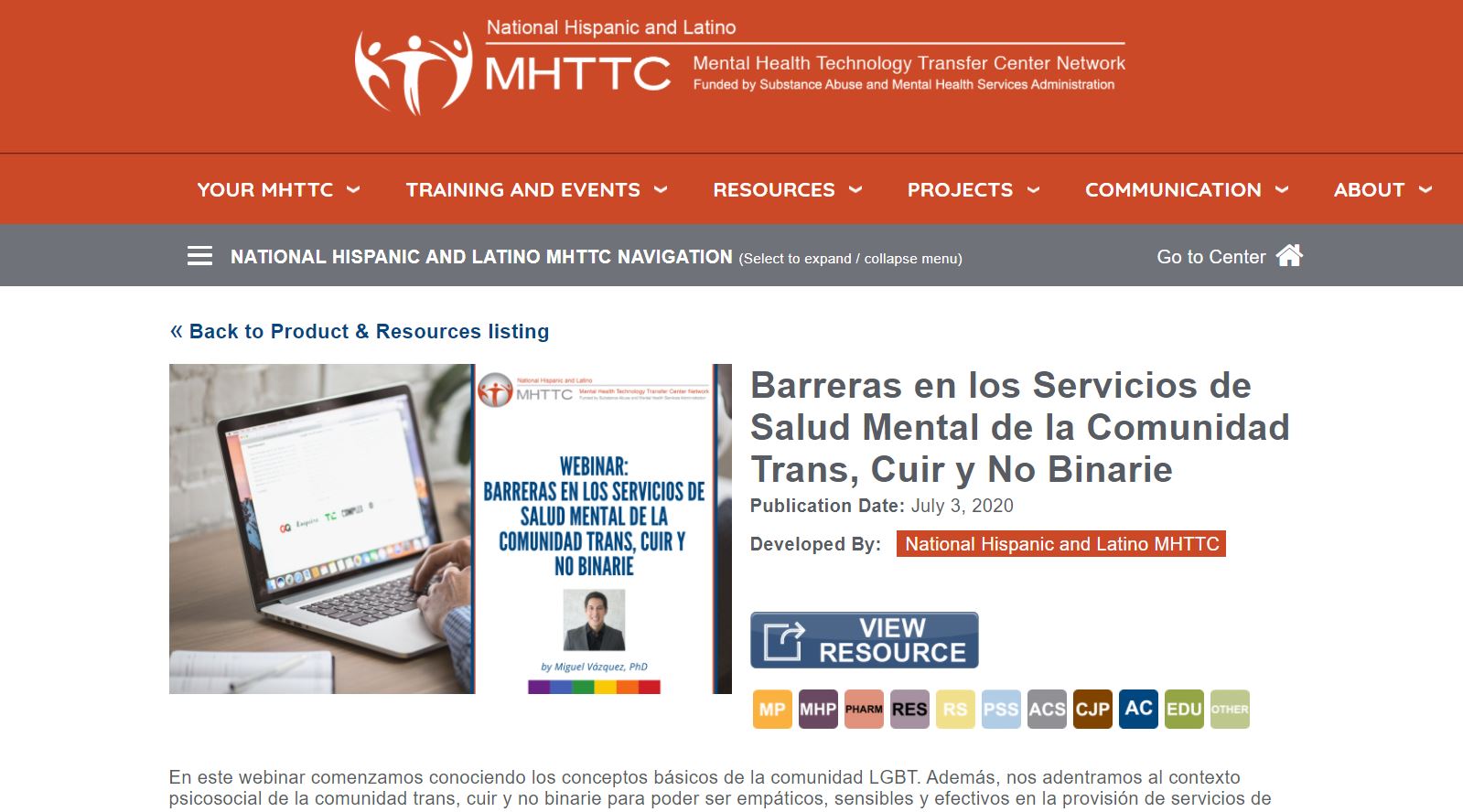 National Hispanic and Latino MHTTCWebinar (in Spanish): Barreras en los Servicios de Salud Mental de la Comunidad Trans, Cuir y No Binarie