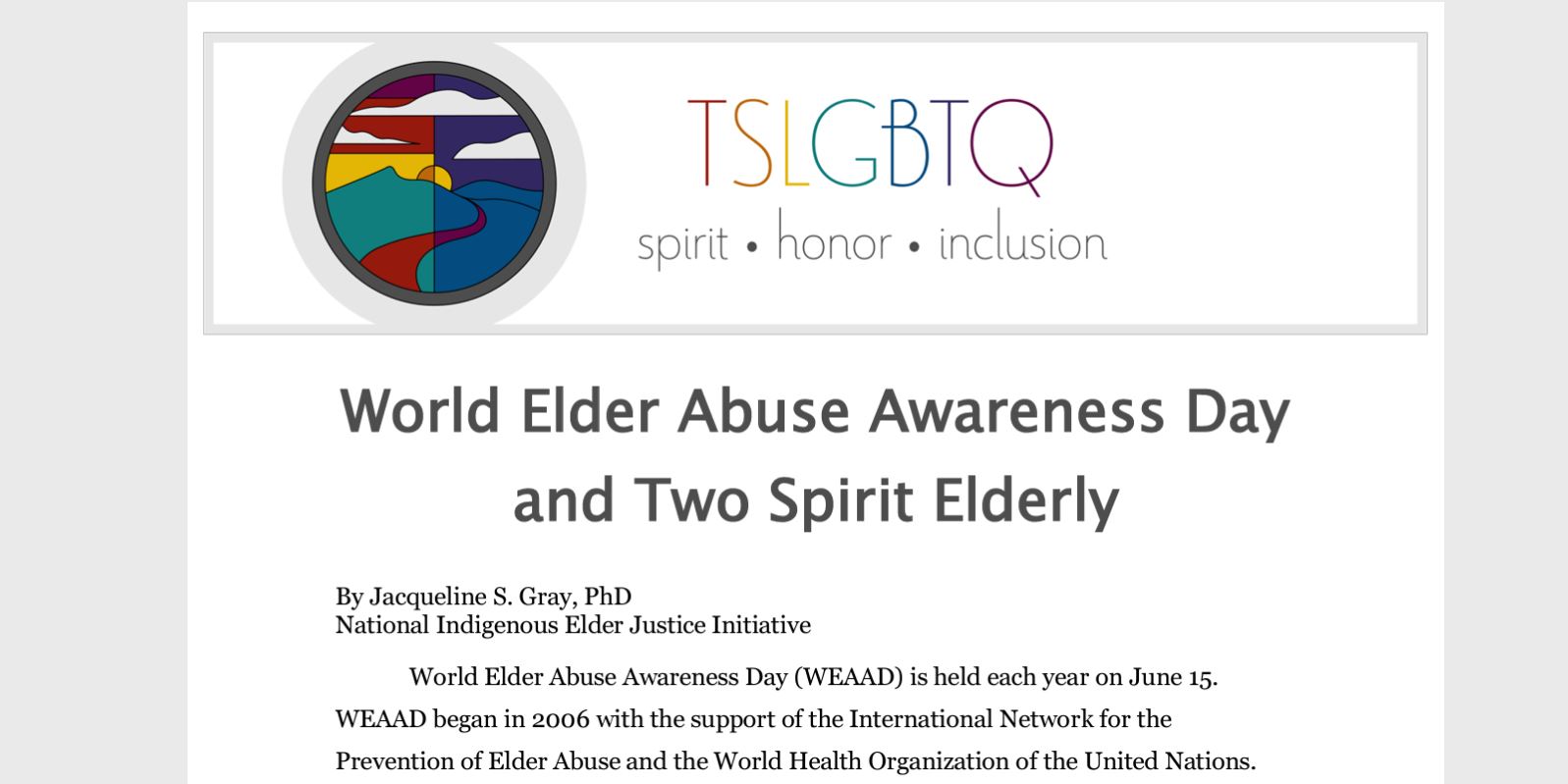 World Elder Abuse Awareness Day and Two-Spirit Elderly