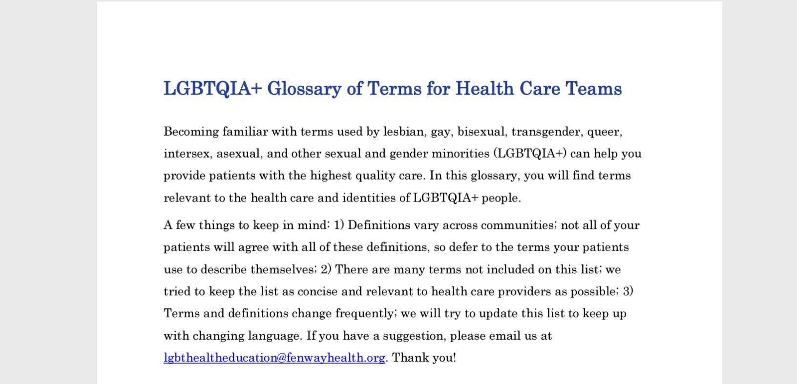 LGBTQIA+ Glossary of Terms for Health Care Teams