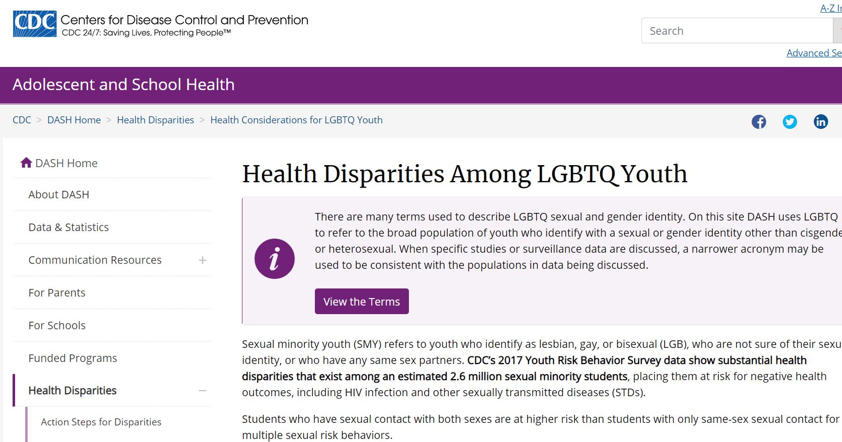 CDC: Health Disparities Among LGBTQ Youth