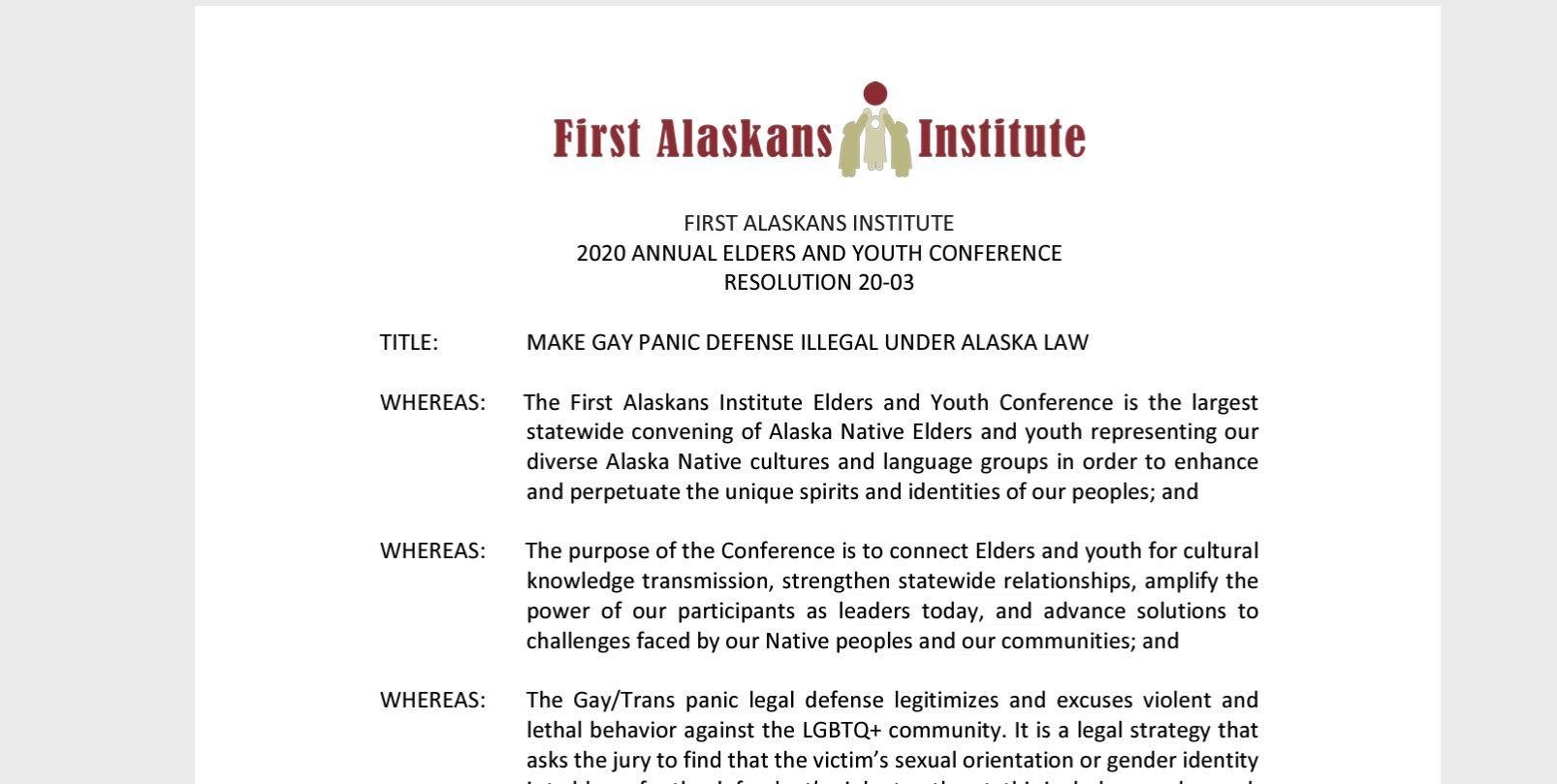 First Alaskans Institute 2020 Annual Elders and Youth Conference Resolution 20-03 