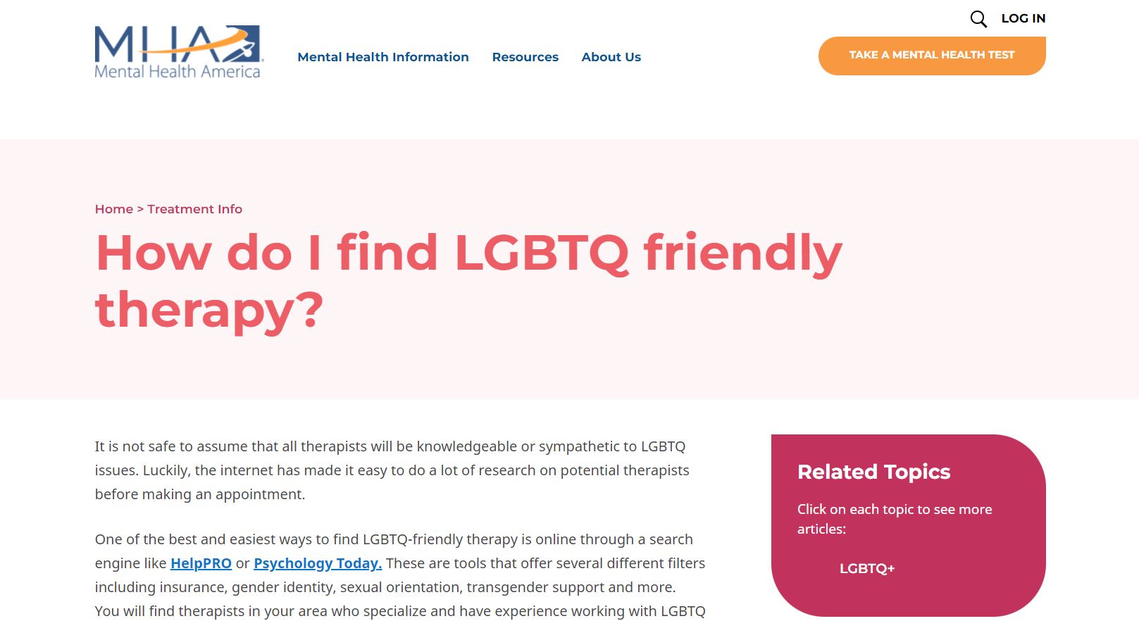 Mental Health America: How do I find LGBTQ friendly therapy?