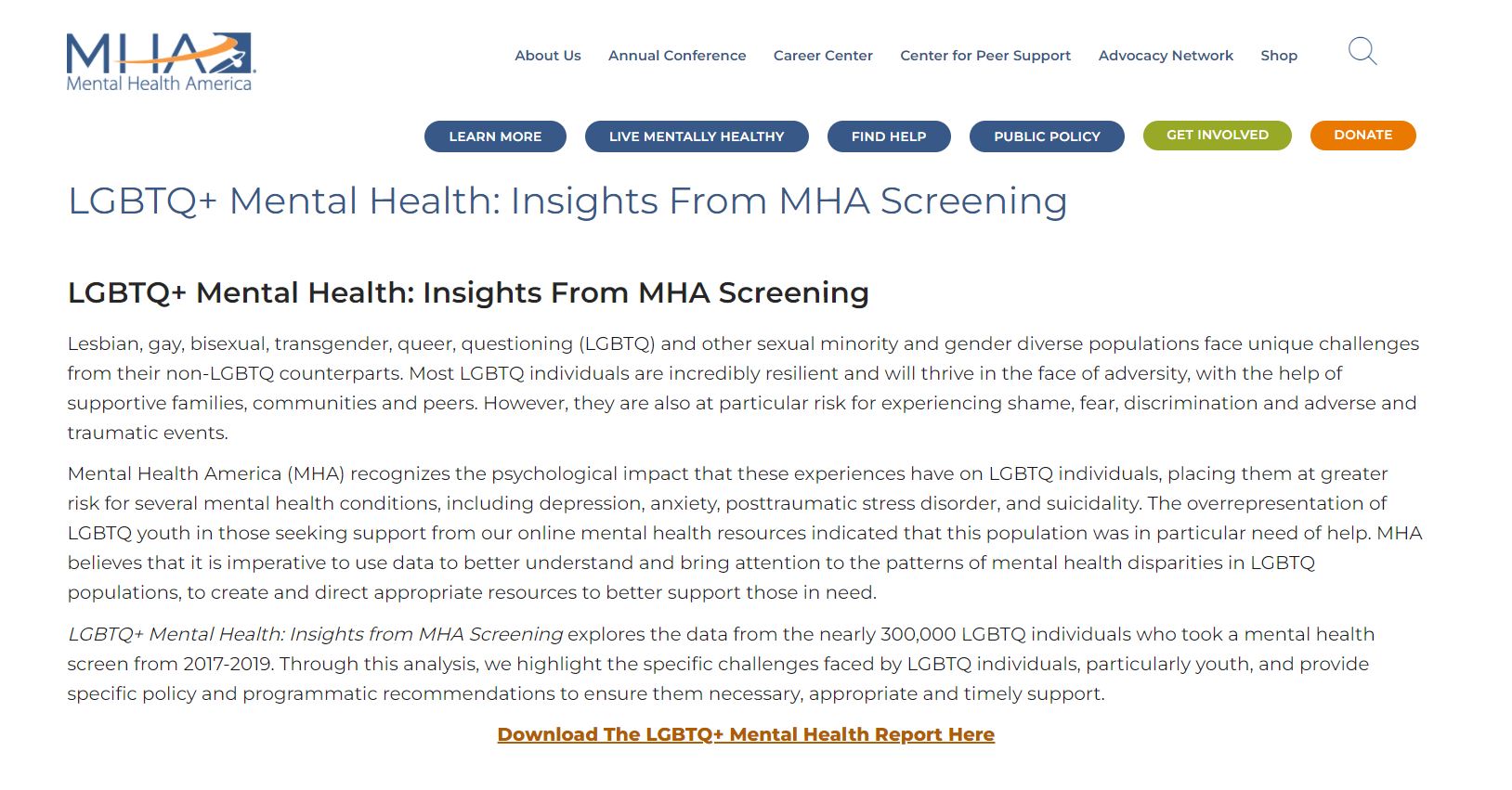 Mental Health America: LGBTQ+ Mental Health: Insights from MHA Screening