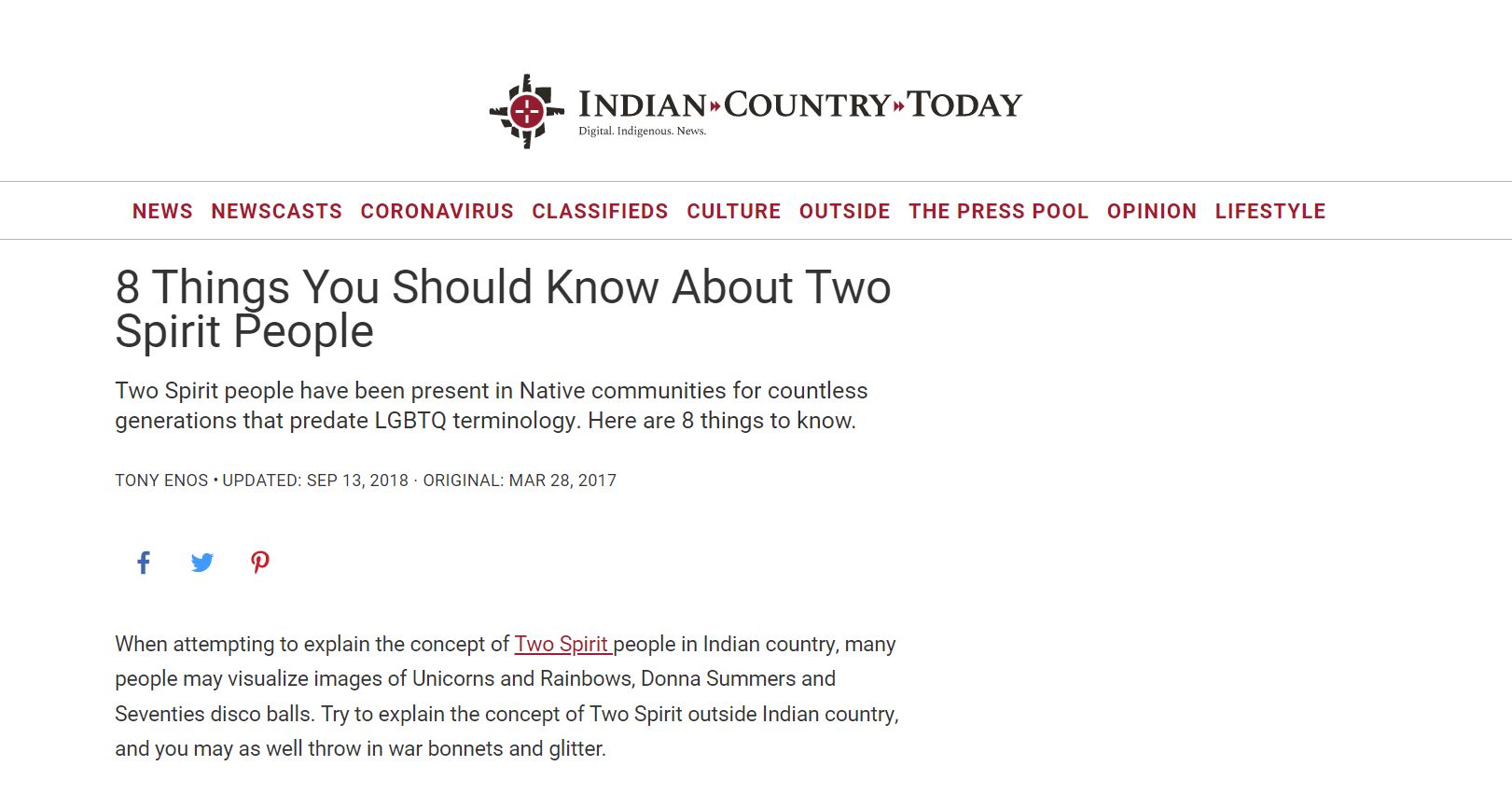 Eight Things You Should Know About Two Spirit People by Indian Country Today 
