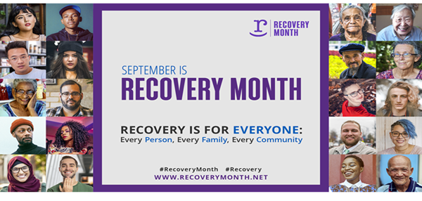 Banner image of September is National Recovery Month, four columns of pictures of all types of people smiling