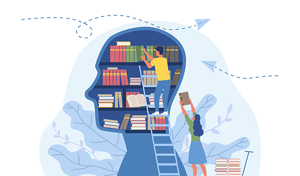 illustration of a head and bookshelf