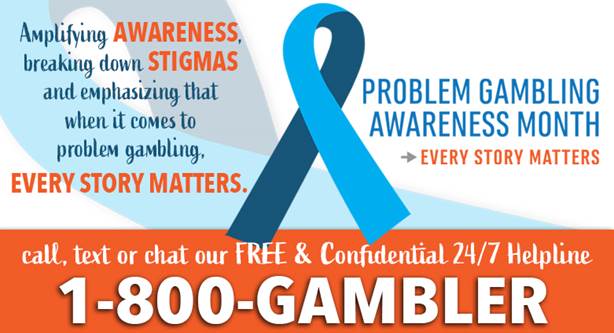 Image promoting problem gambling awareness month with a blue ribbon and banner advertising the 1-800-GAMBLER helpline